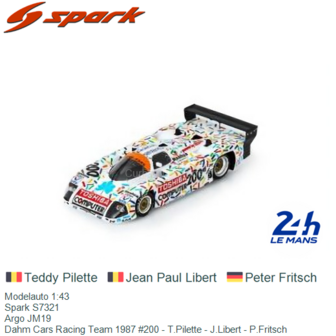 Modelauto 1:43 | Spark S7321 | Argo JM19 | Dahm Cars Racing Team 1987 #200 - T.Pilette - J.Libert - P.Fritsch 