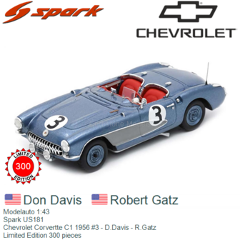 Modelauto 1:43 | Spark US181 | Chevrolet Corvertte C1 1956 #3 - D.Davis - R.Gatz 