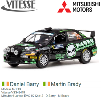 Modelauto 1:43 | Vitesse VSS43418 | Mitsubishi Lancer EVO IX 12 #12 - D.Barry - M.Brady 