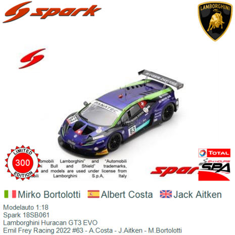 Modelauto 1:18 | Spark 18SB061 | Lamborghini Huracan GT3 EVO | Emil Frey  Racing 2022 #63 - A.Costa - J.Aitken - M.Bortolotti