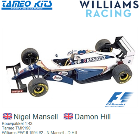 Bouwpakket 1:43 | Tameo TMK190 | Williams FW16 1994 #2 - N.Mansell - D.Hill