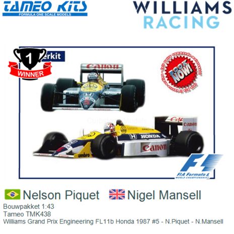 Bouwpakket 1:43 | Tameo TMK438 | Williams Grand Prix Engineering FL11b Honda 1987 #5 - N.Piquet - N.Mansell