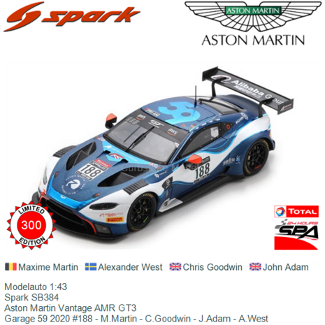 Modelauto 1:43 | Spark SB384 | Aston Martin Vantage AMR GT3 | Garage 59 2020 #188 - M.Martin - C.Goodwin - J.Adam - A.West