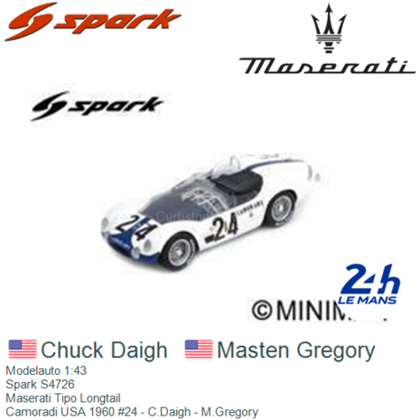 Modelauto 1:43 | Spark S4726 | Maserati Tipo Longtail | Camoradi USA 1960 #24 - C.Daigh - M.Gregory