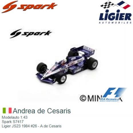 Modelauto 1:43 | Spark S7417 | Ligier JS23 1984 #26 - A.de Cesaris