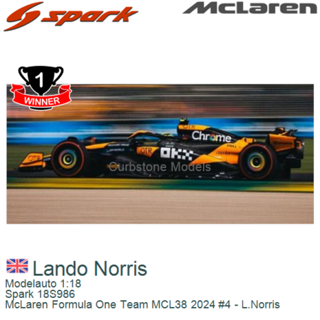 Modelauto 1:18 | Spark 18S986 | McLaren Formula One Team MCL38 2024 #4 - L.Norris
