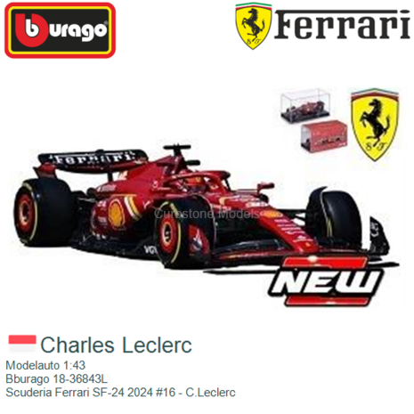 Modelauto 1:43 | Bburago 18-36843L | Scuderia Ferrari SF-24 2024 #16 - C.Leclerc