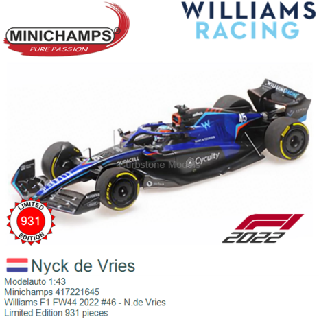 Modelauto 1:43 | Minichamps 417221645 | Williams F1 FW44 2022 #46 - N.de Vries
