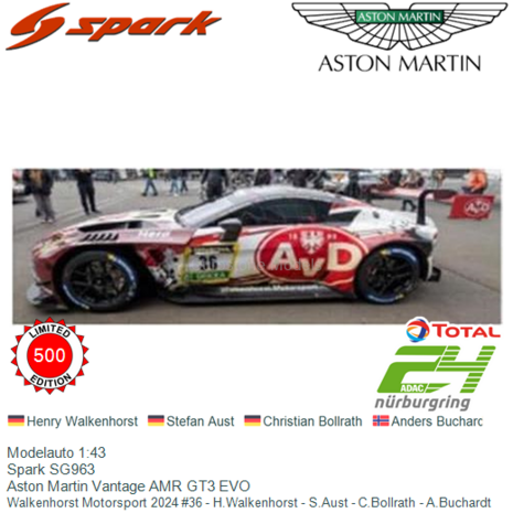 Modelauto 1:43 | Spark SG963 | Aston Martin Vantage AMR GT3 EVO | Walkenhorst Motorsport 2024 #36 - H.Walkenhorst - S.Aust - C.