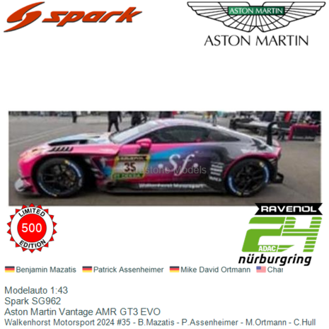 Modelauto 1:43 | Spark SG962 | Aston Martin Vantage AMR GT3 EVO | Walkenhorst Motorsport 2024 #35 - B.Mazatis - P.Assenheimer -