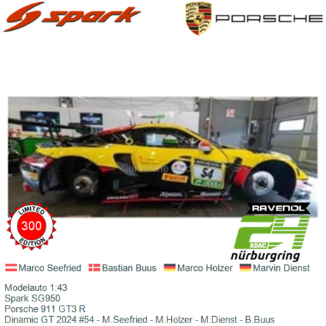 Modelauto 1:43 | Spark SG950 | Porsche 911 GT3 R | Dinamic GT 2024 #54 - M.Seefried - M.Holzer - M.Dienst - B.Buus