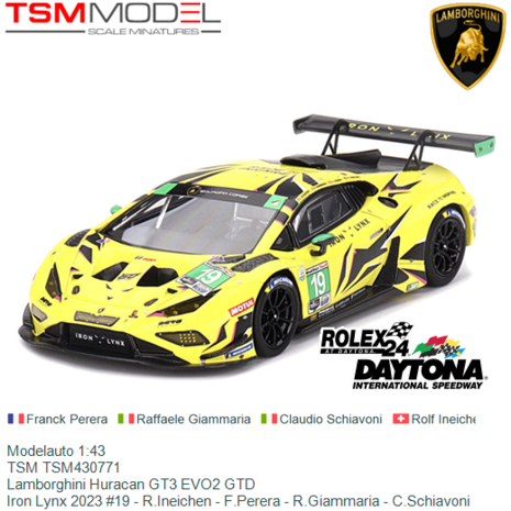 Modelauto 1:43 | TSM TSM430771 | Lamborghini Huracan GT3 EVO2 GTD | Iron Lynx 2023 #19 - R.Ineichen - F.Perera - R.Giammaria - 