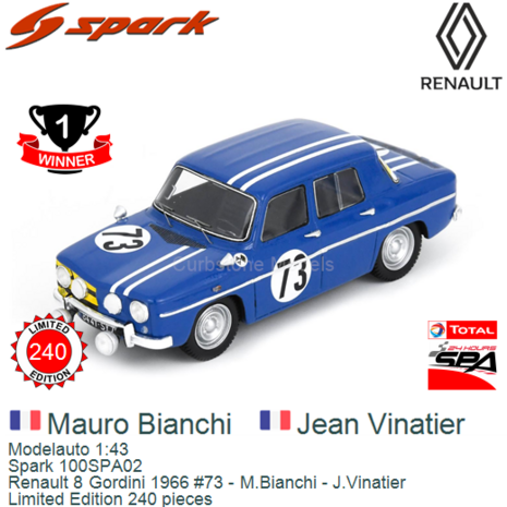 Modelauto 1:43 | Spark 100SPA02 | Renault 8 Gordini 1966 #73 - M.Bianchi - J.Vinatier