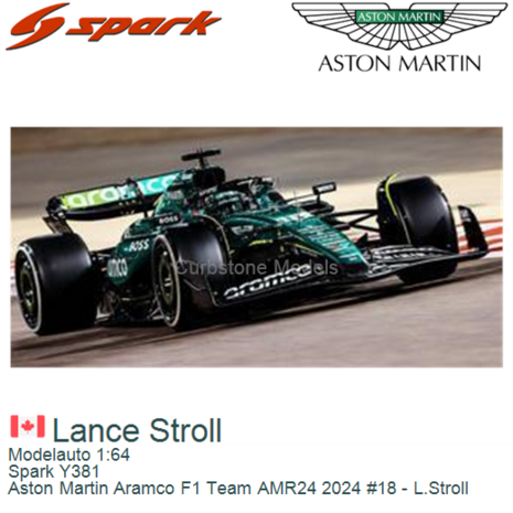 Modelauto 1:64 | Spark Y381 | Aston Martin Aramco F1 Team AMR24 2024 #18 - L.Stroll