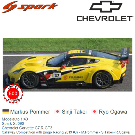 Modelauto 1:43 | Spark SJ090 | Chevrolet Corvette C7.R GT3 | Callaway Competition with Bingo Racing 2019 #37 - M.Pommer - S.Tak