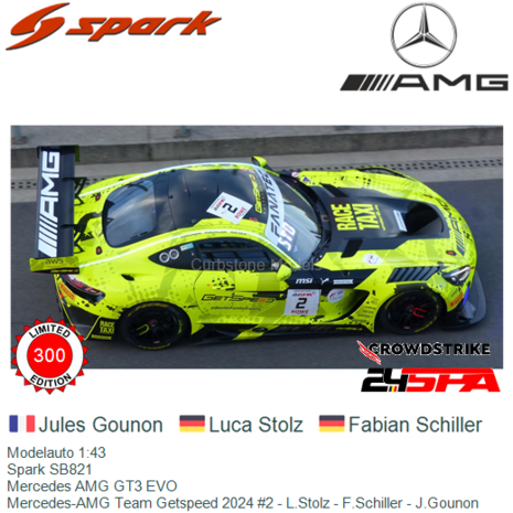 Modelauto 1:43 | Spark SB821 | Mercedes AMG GT3 EVO | Mercedes-AMG Team Getspeed 2024 #2 - L.Stolz - F.Schiller - J.Gounon