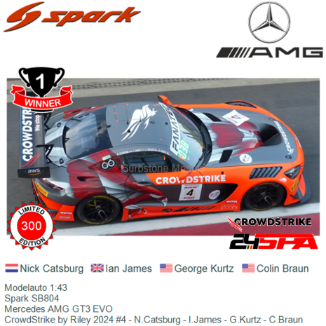 Modelauto 1:43 | Spark SB804 | Mercedes AMG GT3 EVO | CrowdStrike by Riley 2024 #4 - N.Catsburg - I.James - G.Kurtz - C.Braun