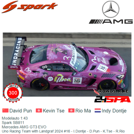 Modelauto 1:43 | Spark SB811 | Mercedes AMG GT3 EVO | Uno Racing Team with Landgraf 2024 #16 - I.Dontje - D.Pun - K.Tse - R.Rio