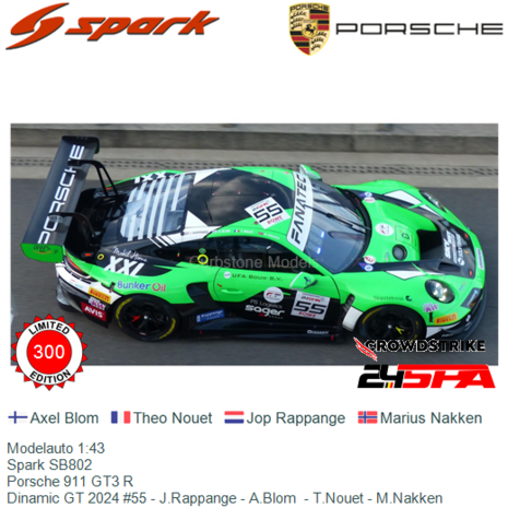 Modelauto 1:43 | Spark SB802 | Porsche 911 GT3 R | Dinamic GT 2024 #55 - J.Rappange - A.Blom  - T.Nouet - M.Nakken