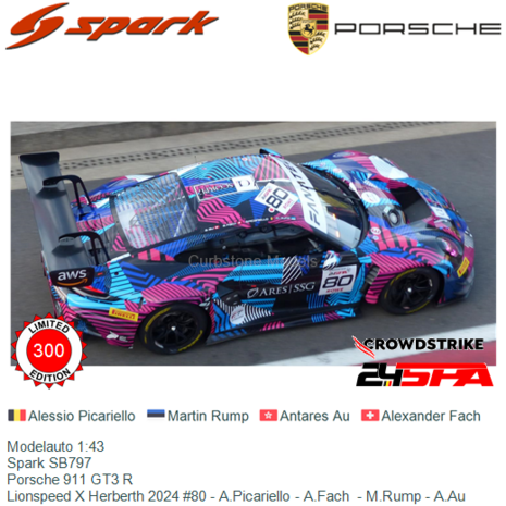 Modelauto 1:43 | Spark SB797 | Porsche 911 GT3 R | Lionspeed X Herberth 2024 #80 - A.Picariello - A.Fach  - M.Rump - A.Au