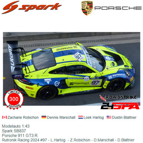 Modelauto 1:43 | Spark SB837 | Porsche 911 GT3 R | Rutronik Racing 2024 #97 - L.Hartog  - Z.Robichon - D.Marschall - D.Blattner