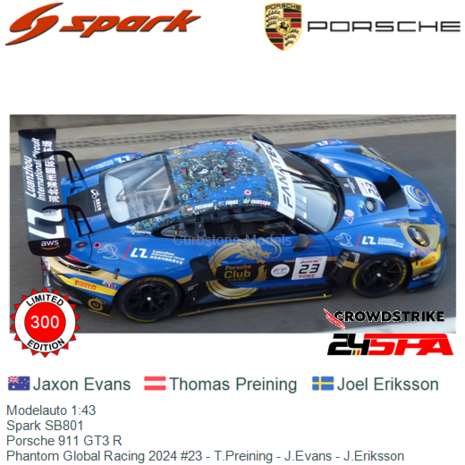 Modelauto 1:43 | Spark SB801 | Porsche 911 GT3 R | Phantom Global Racing 2024 #23 - T.Preining - J.Evans - J.Eriksson