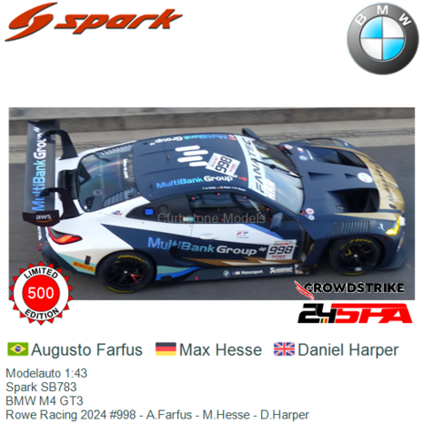 Modelauto 1:43 | Spark SB783 | BMW M4 GT3 | Rowe Racing 2024 #998 - A.Farfus - M.Hesse - D.Harper