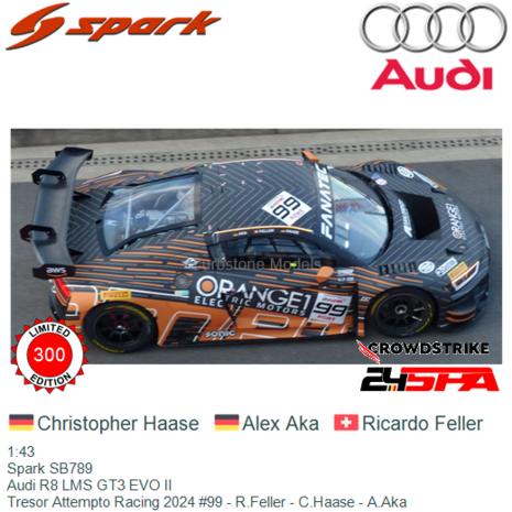 1:43 | Spark SB789 | Audi R8 LMS GT3 EVO II | Tresor Attempto Racing 2024 #99 - R.Feller - C.Haase - A.Aka