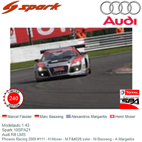 Modelauto 1:43 | Spark 10SPA21 | Audi R8 LMS | Phoenix Racing 2009 #111 - H.Moser - M.F&#228;ssler - M.Basseng - A.Margarit