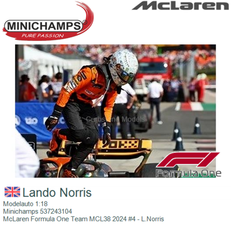 Modelauto 1:18 | Minichamps 537243104 | McLaren Formula One Team MCL38 2024 #4 - L.Norris