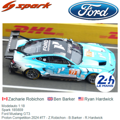 Modelauto 1:18 | Spark 18S659 | Ford Mustang GT3 | Proton Competition 2024 #77 - Z.Robichon - B.Barker - R.Hardwick