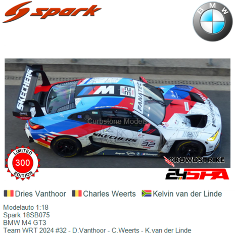 Modelauto 1:18 | Spark 18SB075 | BMW M4 GT3 | Team WRT 2024 #32 - D.Vanthoor - C.Weerts - K.van der Linde