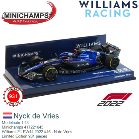 Modelauto 1:43 | Minichamps 417221645 | Williams F1 FW44 2022 #46 - N.de Vries