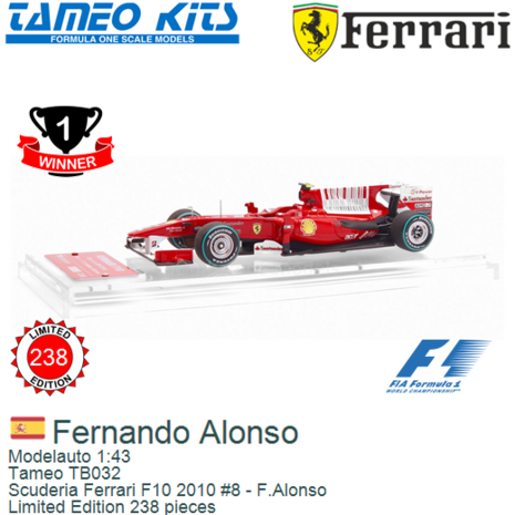 Modelauto 1:43 | Tameo TB032 | Scuderia Ferrari F10 2010 #8 - F.Alonso