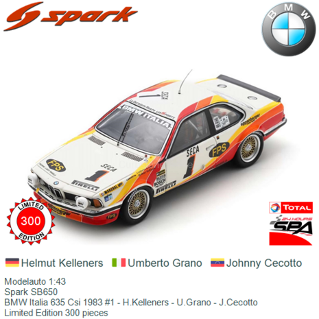 Modelauto 1:43 | Spark SB650 | BMW Italia 635 Csi 1983 #1 - H.Kelleners - U.Grano - J.Cecotto