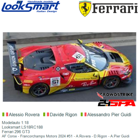 Modelauto 1:18 | Looksmart LS18RC188 | Ferrari 296 GT3 | AF Corse - Francorchamps Motors 2024 #51 - A.Rovera - D.Rigon - A.Pier