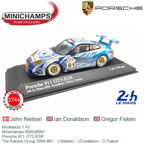 Modelauto 1:43 | Minichamps 400046981 | Porsche 911 GT3 RSR | The Racers Group 2004 #81 - J.Nielsen - I.Donaldson - G.Fisken