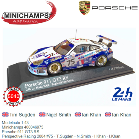 Modelauto 1:43 | Minichamps 400046975 | Porsche 911 GT3 RS | Perspective Racing 2004 #75 - T.Sugden - N.Smith - I.Khan - I.Khan