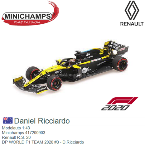 Modelauto 1:43 | Minichamps 417200903 | Renault R.S. 20 | DP WORLD F1 TEAM 2020 #3 - D.Ricciardo