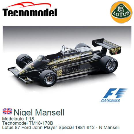 Modelauto 1:18 | Tecnomodel TM18-170B | Lotus 87 Ford John Player Special 1981 #12 - N.Mansell