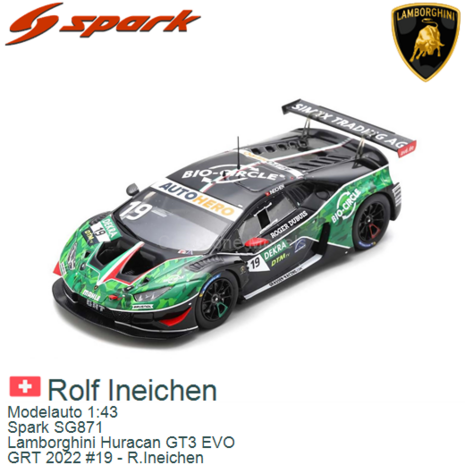 Modelauto 1:43 | Spark SG871 | Lamborghini Huracan GT3 EVO | GRT 2022 #19 - R.Ineichen