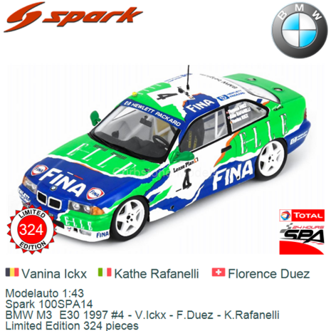 Modelauto 1:43 | Spark 100SPA14 | BMW M3  E30 1997 #4 - V.Ickx - F.Duez - K.Rafanelli