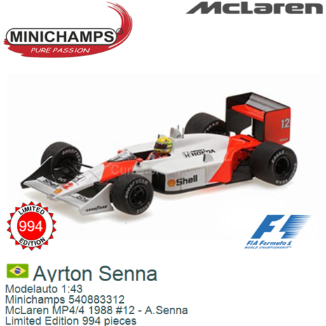 Modelauto 1:43 | Minichamps 540883312 | McLaren MP4/4 1988 #12 - A.Senna