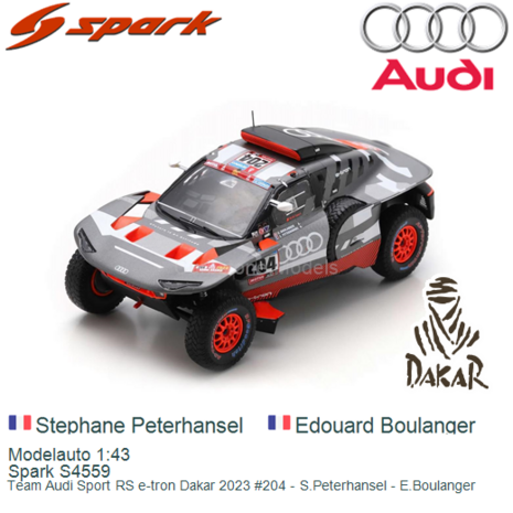 Modelauto 1:43 | Spark S4559 | Team Audi Sport RS e-tron Dakar 2023 #204 - S.Peterhansel - E.Boulanger 