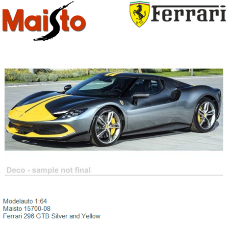 Modelauto 1:64 | Maisto 15700-08 | Ferrari 296 GTB Silver and Yellow