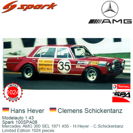 Modelauto 1:43 | Spark 100SPA08 | Mercedes AMG 300 SEL 1971 #35 - H.Heyer - C.Schickentanz