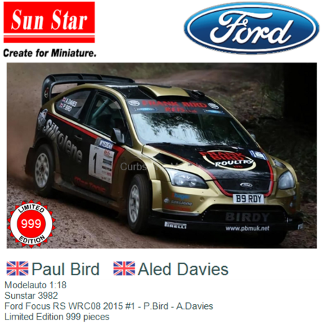 Modelauto 1:18 | Sunstar 3982 | Ford Focus RS WRC08 2015 #1 - P.Bird - A.Davies