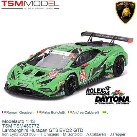 Modelauto 1:43 | TSM TSM430772 | Lamborghini Huracan GT3 EVO2 GTD | Iron Lynx 2023 #63 - R.Grosjean - M.Bortolotti - A.Caldarel