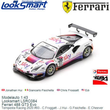 Modelauto 1:43 | Looksmart LSRC084 | Ferrari 488 GT3 Evo | Tempesta Racing 2020 #93 - C.Froggatt - J.Hui - G.Fisichella - E.Che