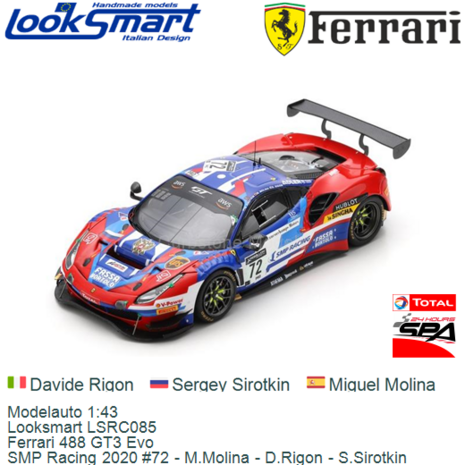 Modelauto 1:43 | Looksmart LSRC085 | Ferrari 488 GT3 Evo | SMP Racing 2020 #72 - M.Molina - D.Rigon - S.Sirotkin